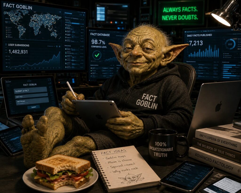 Goblin wearing Fact Goblin hoodie working on tablet surrounded by screens and books with sandwich and coffee mug nearby