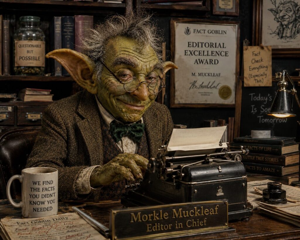 Goblin editor Morkle Muckleaf typing on vintage typewriter with humorous office decor