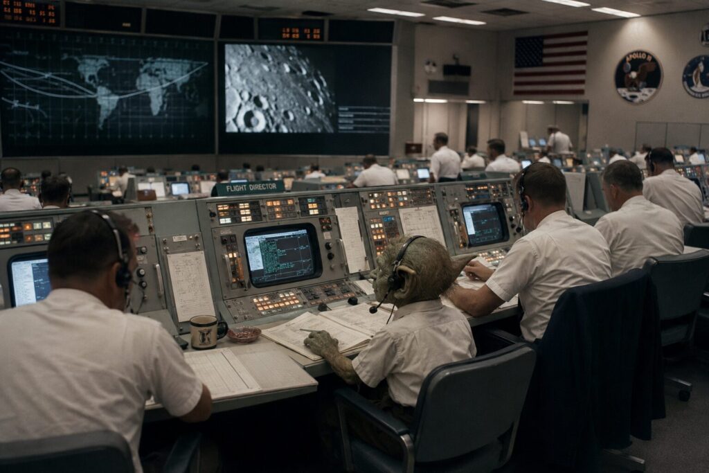 Goblin wearing headset working alongside technicians in vintage space mission control room
