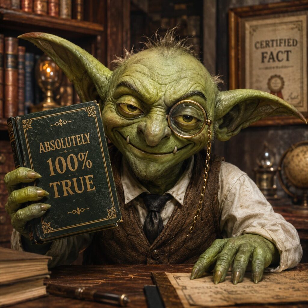 Goblin wearing monocle holds book titled absolutely 100 percent true in vintage study room