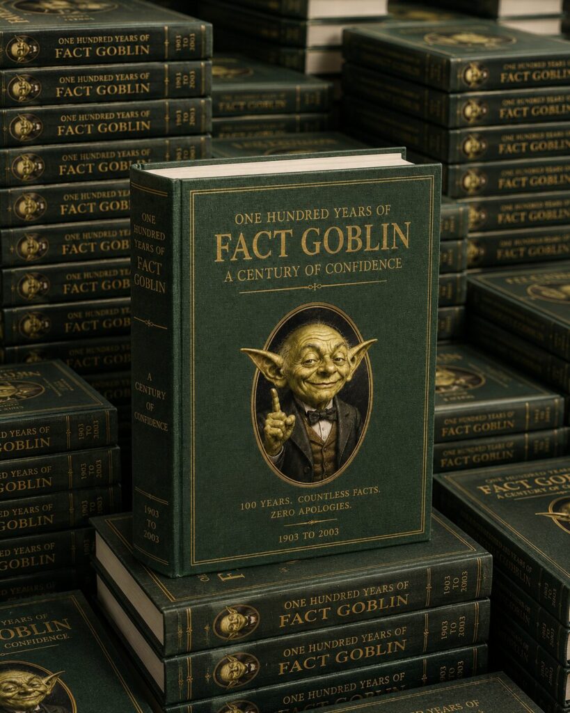 Stack of green hardcover books titled One Hundred Years of Fact Goblin with goblin illustration on cover