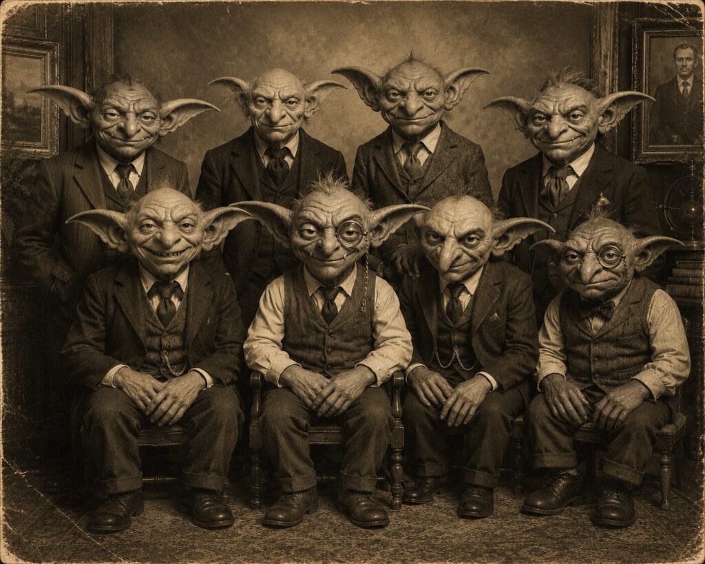 Sepia-toned group portrait of nine goblins wearing vintage suits and ties seated and standing.