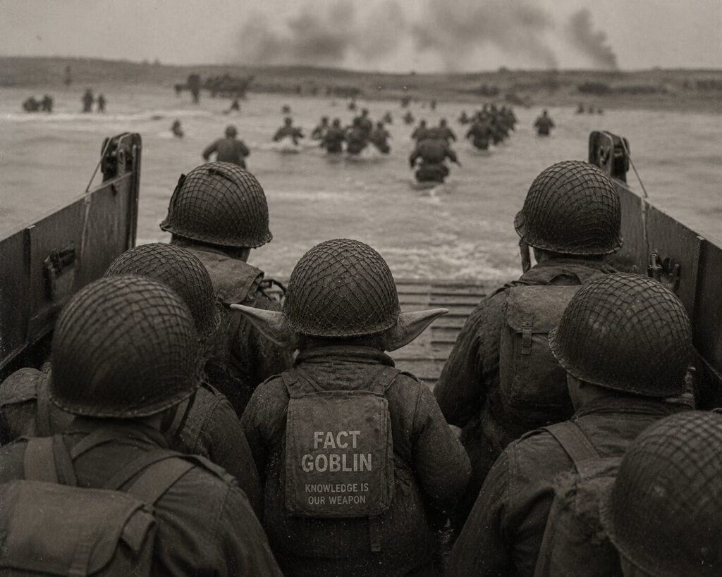 Soldiers, including a goblin labeled Fact Goblin, disembark from a landing craft into battle.