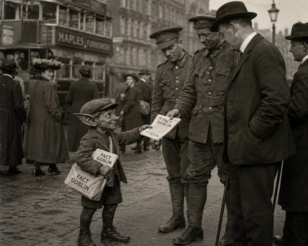 Vintage street scene with a goblin newsboy handing Fact Goblin papers to soldiers and gentlemen.